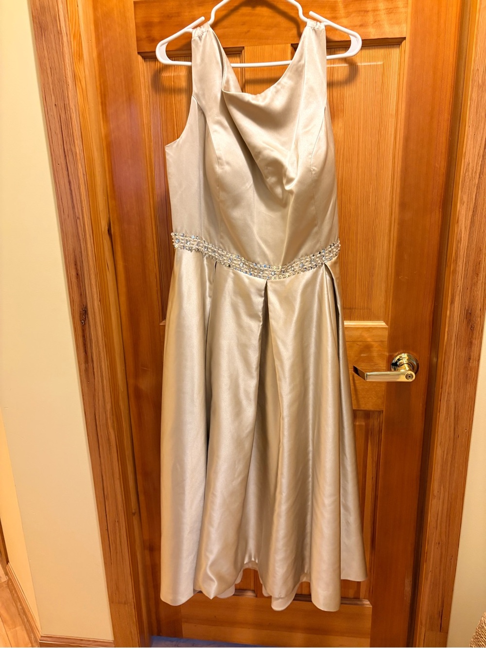 Ladies Satin Formal Dress with Beaded Waistband - Champagne Sz 20